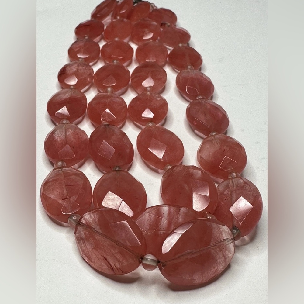 Gorgeous large flat agate stones beaded necklace Clear Peach Pink weighted 16”